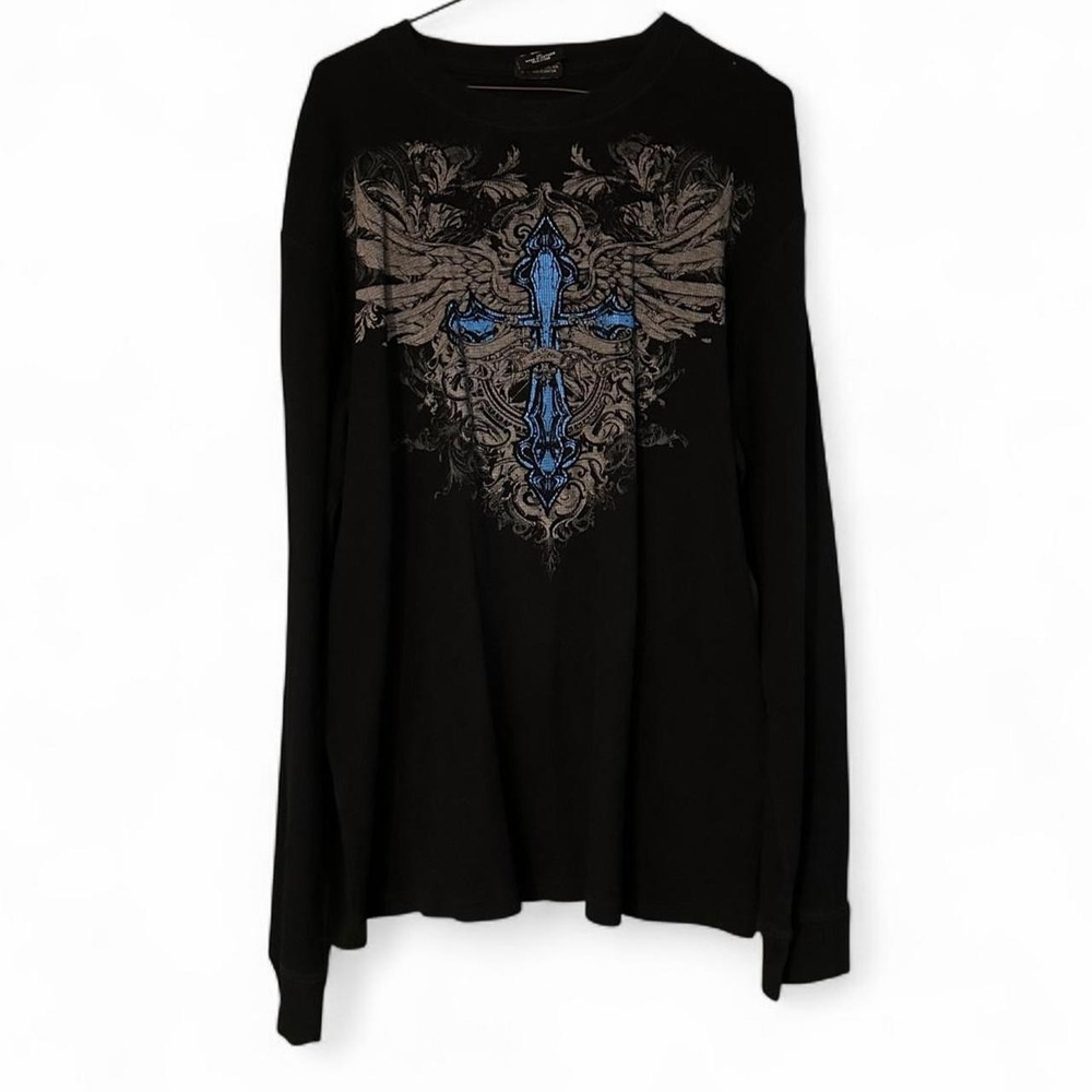 MMA Elite Mens Thermal Shirt Y2K Cybergrunge Blue Cross Graphic Black 2XL